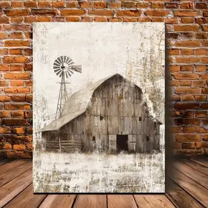 Artistic Pine Wood Framed Photo Wall Art - Country Style Wrapped Print of Farmhouse Windmill and Barn, Home Decor for Living Room