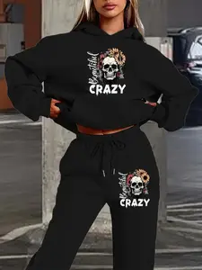 Women's Skull Letter Print Hoodie & Pants Set, Loose-Fit Winter, Casual Retro Style, Drawstring Hood, Pocket Details, Womenswear