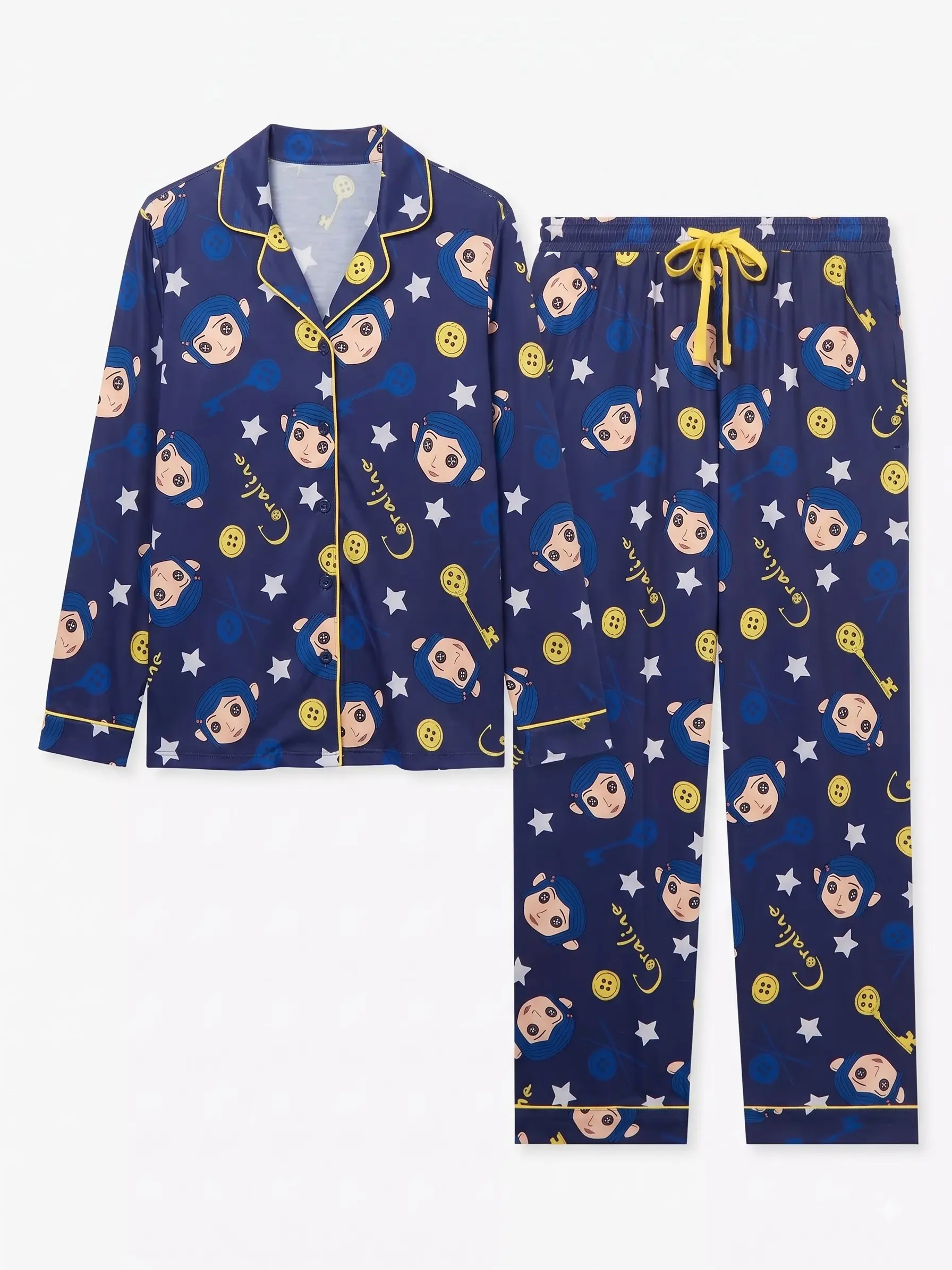 Coraline Dolls & Keys Allover Print Pajama Set, Long Sleeve Button Down PJs, Movie Inspired Graphic Sleepwear, Cute Cosmic Loungewear Gift