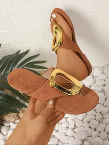 Women's Fashionable Metal Decorated Open Toe Slides, Casual Comfortable Flat Sandals for Summer, Lightweight Breathable Shoes for Daily Wear, Girl