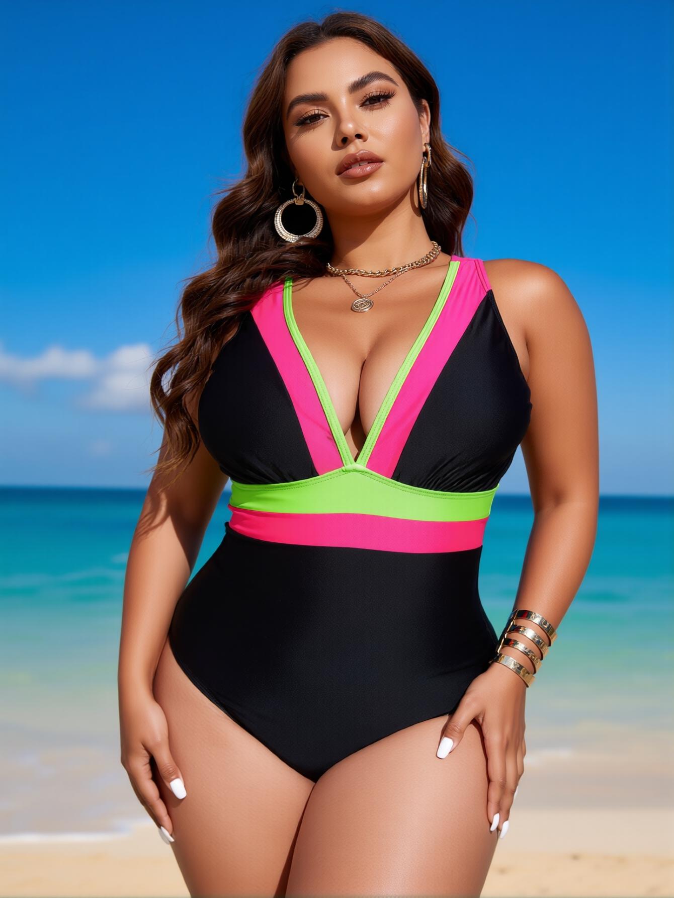 Plus Size Black & Neon Pink Green Color Block One Piece Swimsuit – V Neck Tummy Control Swimwear