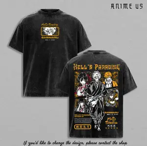 Hells Paradise Gabimaru Sagiri Yuzuriha Chobei Toma Anime Shirt Vintage Washed Oversized Tee Yellow Graphic Back Print Heavy Cotton Streetwear Manga Gift