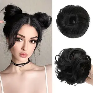 2PCs Small Cute Messy Bun Hair Piece for Thin Hair Women Mini Synthetic Curly Bun Scrunchies Updo Hairpieces Black