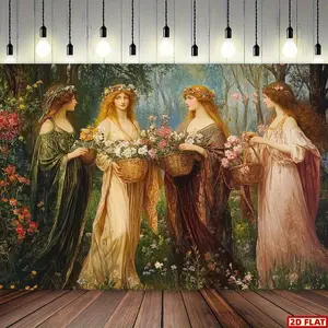2D Flat Banner, 1pc Ancient Greek Style Oil Painting Backdrop Wall Hanging - Classical Women with Flowers & Foliage Design, Premium Polyester Fabric, No Electricity Needed, All-Season Home Decor for Bedroom, Liv, Wedding Party Backdrop