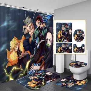 Demon Slayer Anime Print Shower Curtain Set, Includes 12 Hooks, Waterproof Curtains, Non-Slip Mat, U-Shaped Toilet Pad, Toilet Seat Accessories, Ideal Gift, Shower Essentials