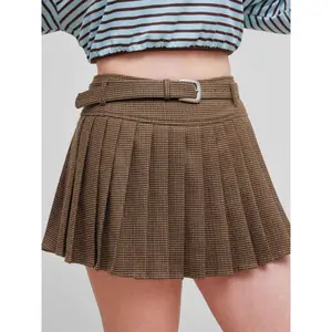 Cider [size 2-26] Wool-like Mid Rise Houndstooth Pleated Skort With Belt