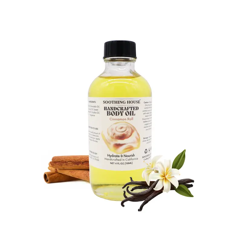 Handcrafted Cinnamon Roll Signature Scent Cosmetic Body Oil with Dropper - Vegan Avocado-Blend, Olive-Infused, Dye-Free, 3-Month Shelf Life for Moisturizing Dry Skin, Nourishing Soft Smooth Skin with Coconut Aroma