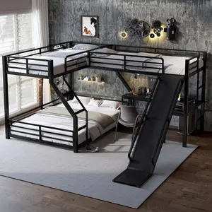 L-Shaped Twin XL over Queen Bunk Bed with Twin Size Loft Bed, Metal Triple Bunk Bed with Slide and USB Ports, Space-saving and Noise-free Design, Black ,The package will be shipped in 3 separate parcels