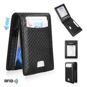 Men's Bi-Fold Carbon Fiber Wallet, Ultra Thin PU RFID Blocking Card Holder, Auto Pop-Up Aluminum Card Case summervibes