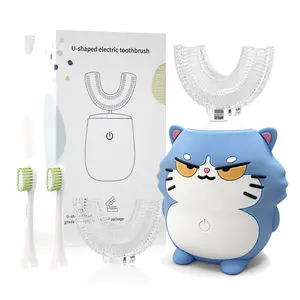 Kids Electric Toothbrush U Shaped - Cartoon cat with 4 Brush Heads Full Mouth Degree Cleaning Sonic Toddler Automatic Toothbrush with IPX7 Waterproof