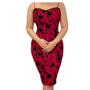 Carolina Midi Dress - Red with Black Floral Pattern Spaghetti Strap Design