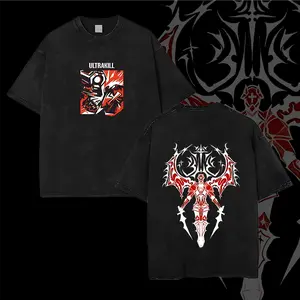 Ultrakill Gabriel Fallen Angel Gaming T-Shirt Double-sided Heavyweight Washed Fabric Cotton Graphic Tee Gamis Oversized Crewneck Streetwear Casual