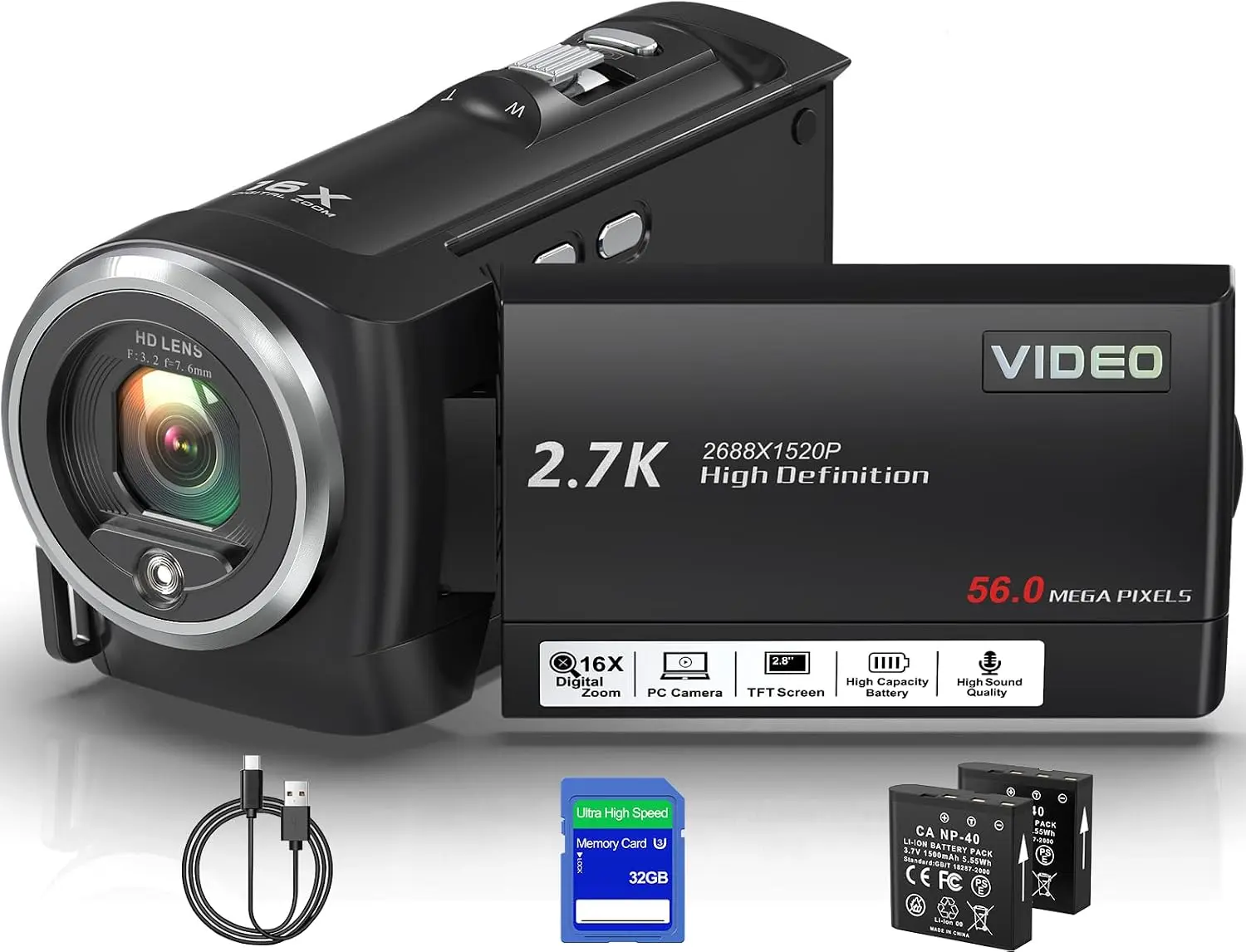 2.7K 56MP Action Video Camcorder with 16X Digital Zoom, 2.8" 270° Rotatable Screen, Built-in LED Fill Light, 32GB Card & 2 Batteries for YouTube Vlogging