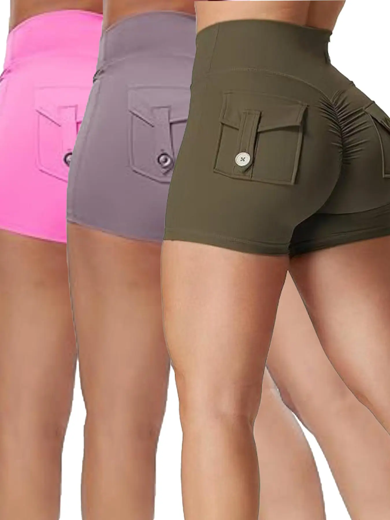 Women's High Waisted Yoga Shorts Set, Yoga Workout Shorts, Elastic Sportswear for Gym & Daily Wear, Three-Piece Cargo Pants with Pockets, Solid Sports Shorts, Athleisure Casual Shorts, Casual Sporty Shorts, Casual Sports Bottoms, Activewear