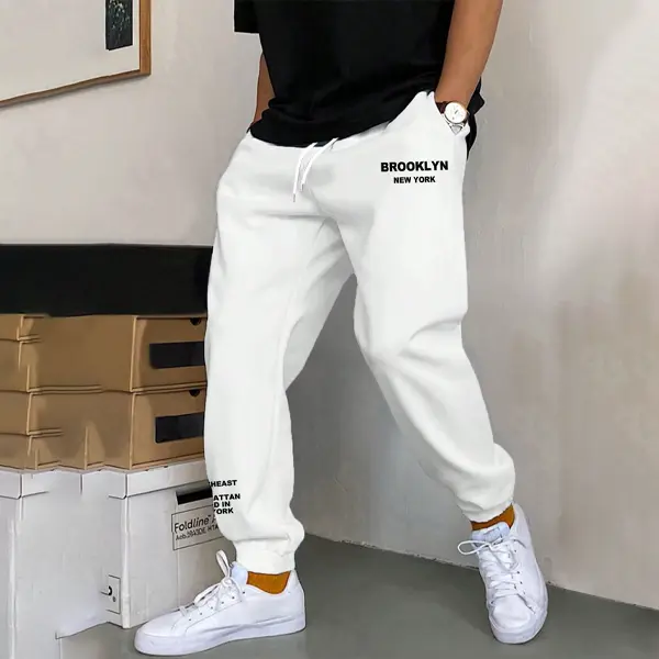 Trendy Street Style White BROOKLYN Letter Print Floral-Length Sweatpants for Men Women Casual Everyday Wear Comfortable Stylish