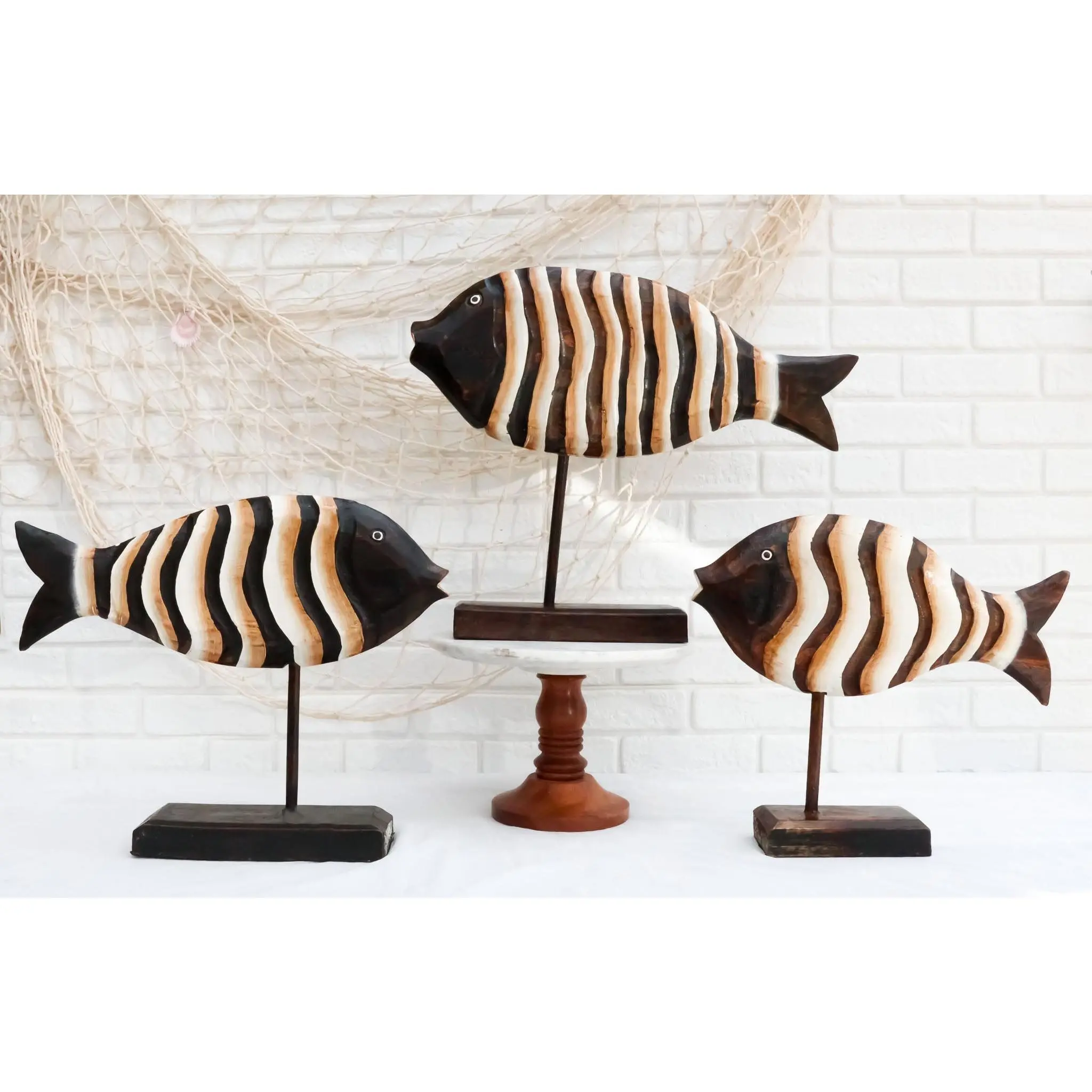 Balinese Wooden Decor 3-Piece Large 16" Long Swimming River Fish Family Figurines, Home Decor Ornaments for Desk, Handcrafted Wood Statues