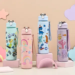 Adorable Cartoon Reusable Sports Water Bottle with Straw Lid, Backpack Strap, Leakproof Drop Resistant Design, Portable, Perfect for Travel Camping School Gifts, Tumbler Water Bottles
