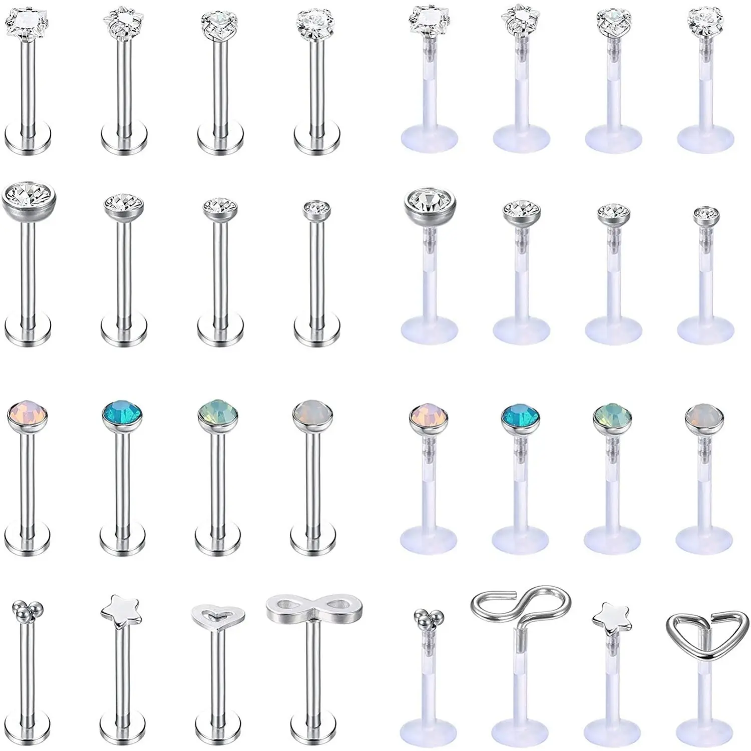 Sanfenly Unisex 32Pcs 16G Multi-Size Stainless Steel & Transparent Plastic Body Piercing Jewelry Set - Nose Rings, Ring Piercing Jewelry for Forward Helix, Tragus, Labret, Monroe Lip (6-10mm) for Daily Casual Wear