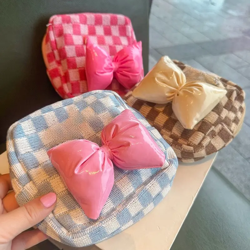 Sweet Bowknot Barbie Makeup Bag, Cute Creative Plaid Design, Large Capacity Portable Sanitary Pad Storage, Coin Organizer Pouch