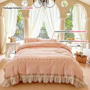 Elegant Princess Style Bedding Set, 3-Piece Embroidered Lace 1 Count Duvet cover and 2 Counts Pillowcases, Comfortable Sleep Experience, Soft Bedding Set, Perfect for Girls' Room Decor