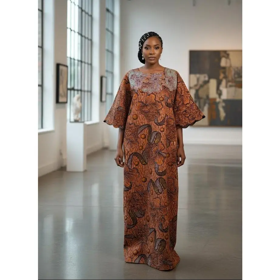 The Ayọ̀ Maxi Boubou | Handcrafted Orange Floral Ankara Dress with Rhinestone Detail | African Elegance