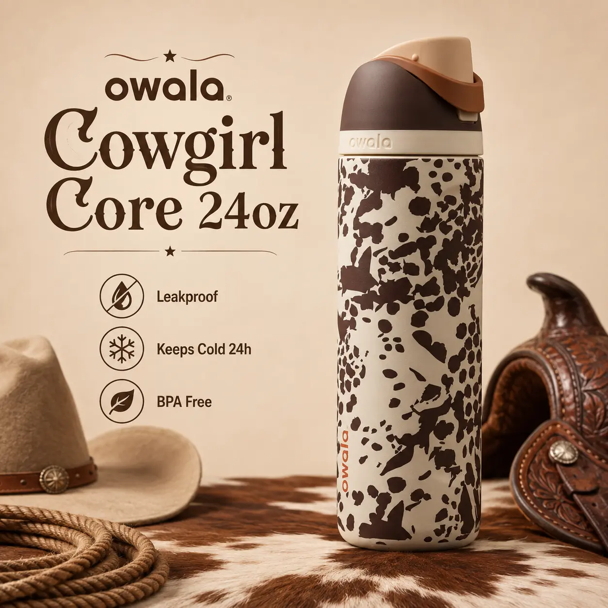 Owala Cowgirl Core 24oz FreeSip Water Bottle, Western Cow Print Insulated Stainless Steel Bottle
