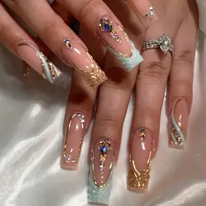 SHEDARES Champagne Waves – Luxury Nude Press-On Nails with Mint Satin Swirls, Gold Detailing & Crystal Sparkle for Bridal, Proms & Elegant Nights