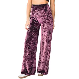 Daisy Del Sol Women's Dusty Rose Pink Lush Crushed Velvet Casual Loungewear Mid to High Rise Elastic Waist Stretch Knit Loose Fit Straight Wide Leg Palazzo Pants