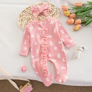 My First Easter Baby Girl Boy Outfit Footie Romper Waffle Knit Zipper Onesie Jumpsuit Newborn Easter Clothes