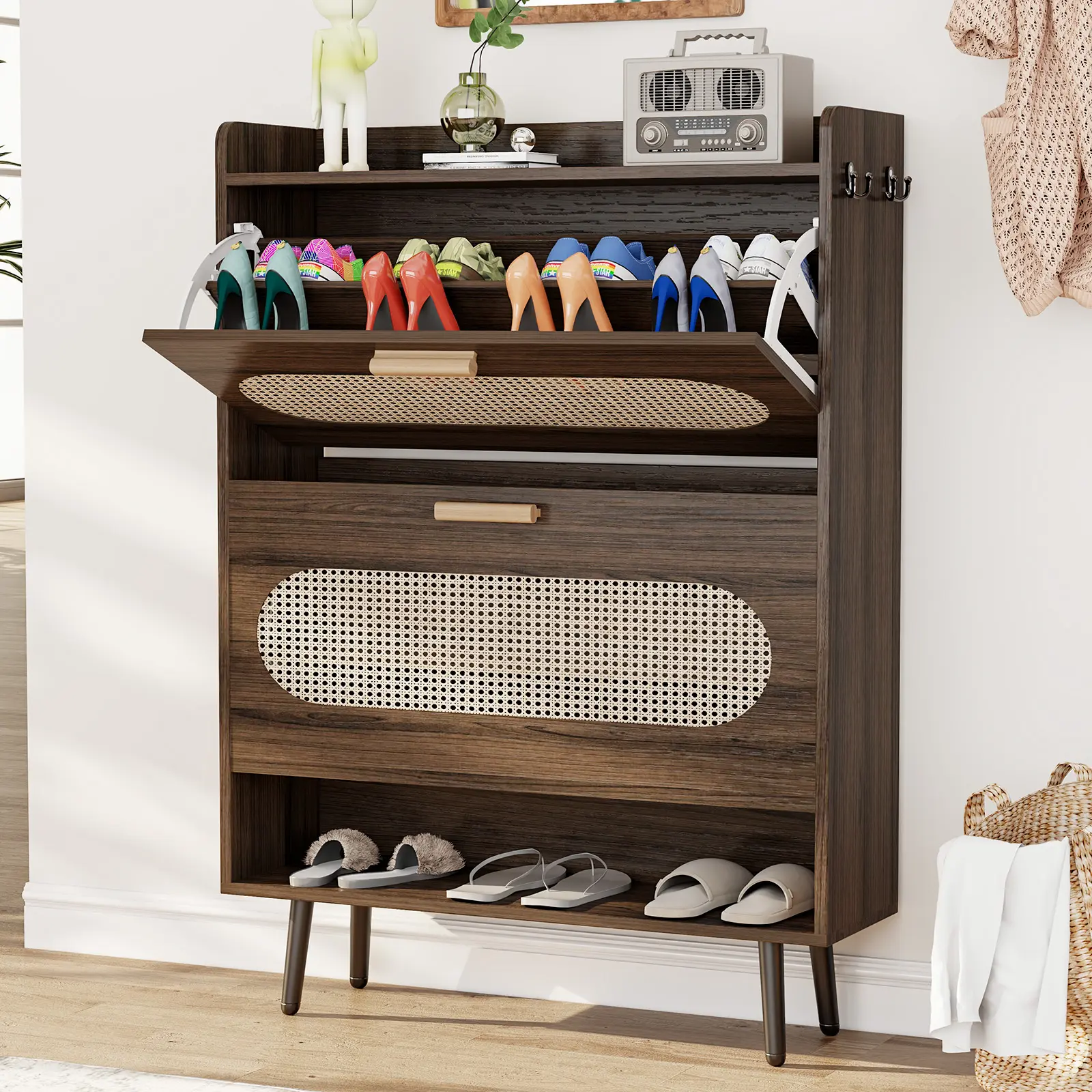 COZPAW Rattan Shoe Rack Organizer with 2 Flip Drawers, Shoe Storage Cabinet for Entryway, Narrow Shoe Rack Cabinet, Freestanding Hidden Shoe Organizer for Hallway, Living Room Multilayer Sneaker Display Multilayer Shelf Adjustable Minimalist
