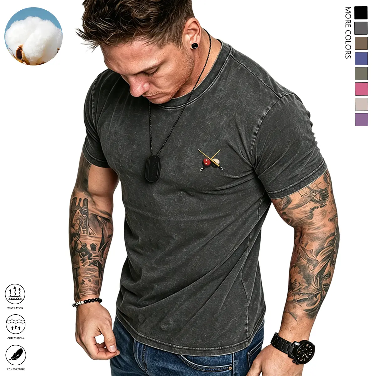 Men’s summer vintage short-sleeve T-shirt with a unique billiards graphic print; casual men’s summer top with a distressed American street style, crew neck, loose fit, short sleeves—perfect as a gift for Easter and Valentine’s Day.