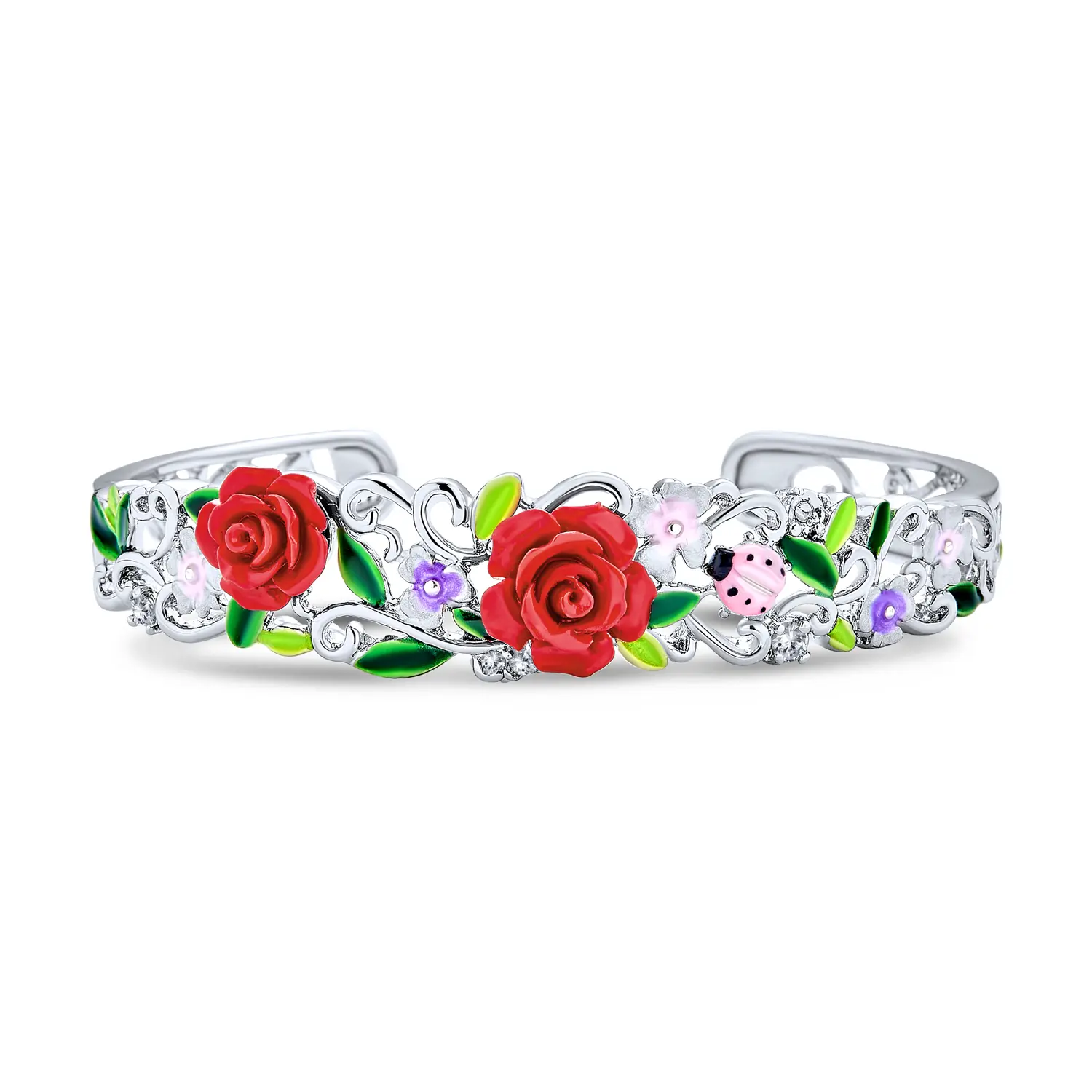 Ladybug Flower Cuff Bracelet 3D Carved Rose Floral Garden Spring Filigree Bracelet
