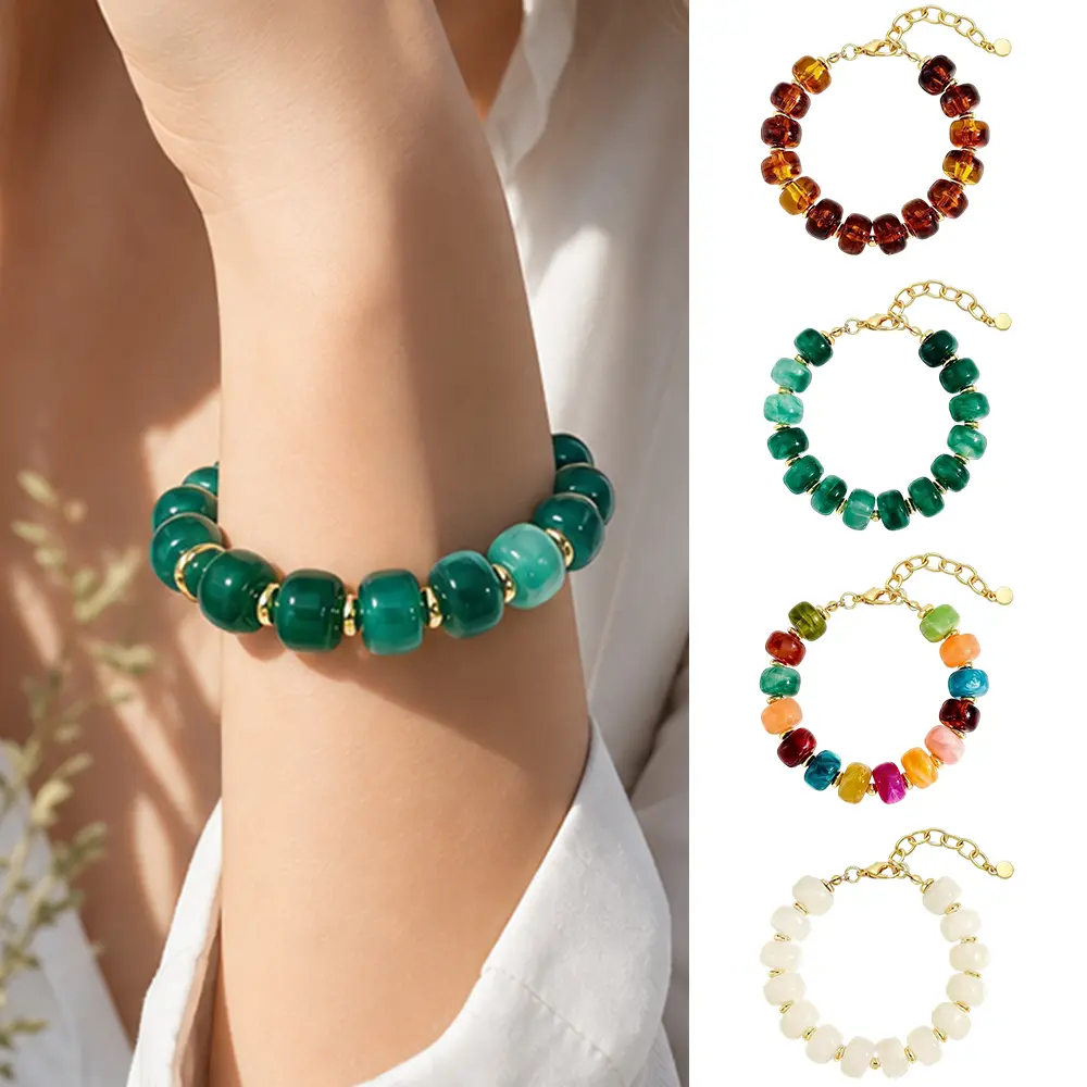 4Pcs Adjustable Resin Beaded Bracelets, Chunky Multicolor Acrylic Stackable Statement Bracelet with Heart Charm, Boho Summer Beach Vacation Jewelry, Fashion Layered Wrist Accessory, Ideal Birthday Holiday Gift for Women