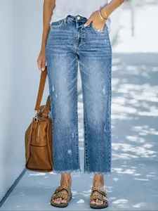 Women's Basic Multi-Color Raw Hem Straight Leg Jeans, Loose-Fitting Denim Jeans, Casual Style, All Seasons Wear, Plain Pattern, Pants