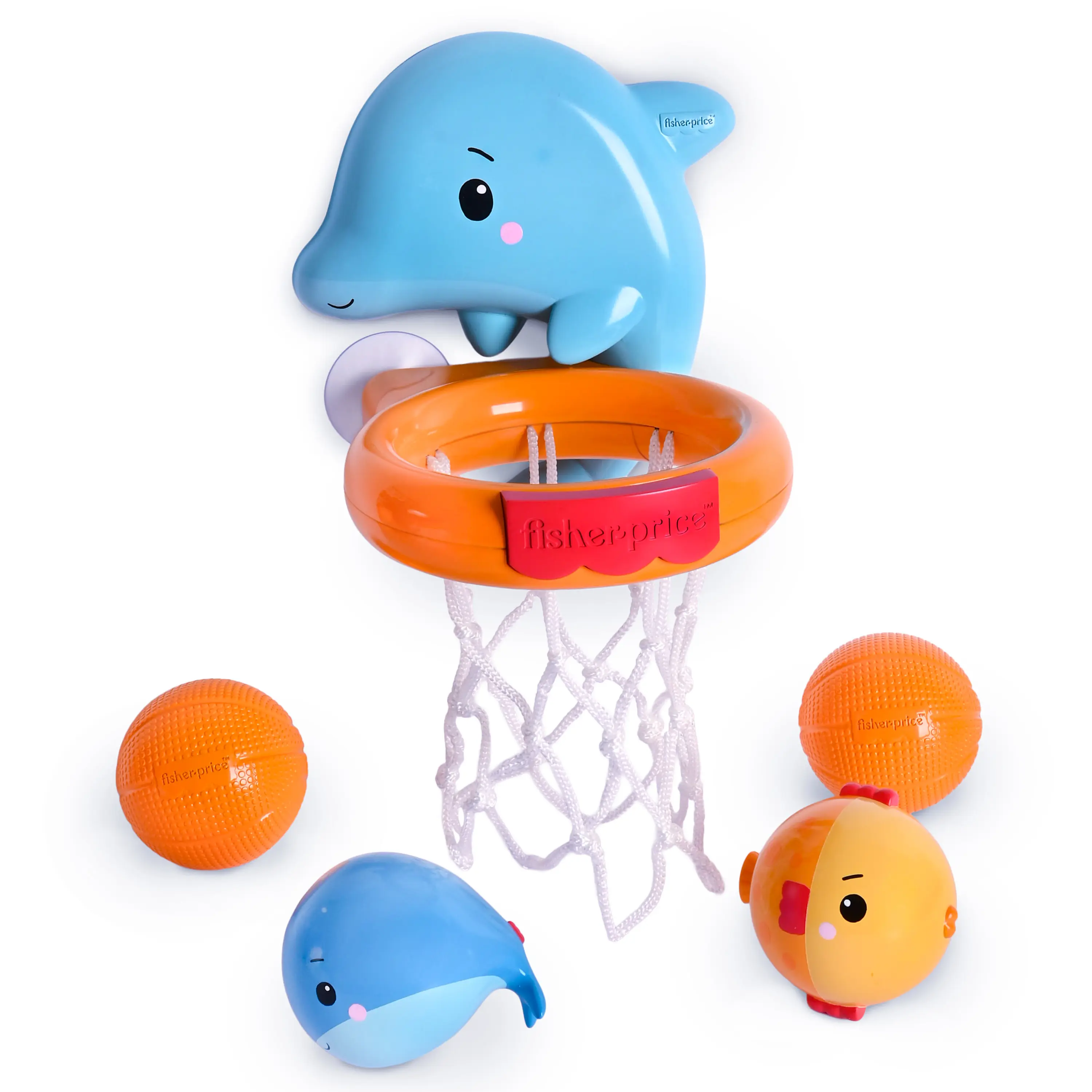 Fisher-Price Dolphin Dunk Bath Set, 5-Piece Baby Bath Toy with Dolphin Basketball Hoop, Floating Balls & Water Animal Toys for Babies & Toddlers 6M+