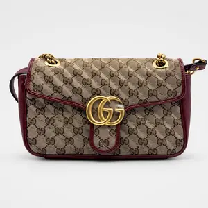 Pre-owned GUCCI H5 GG Marmont Burgundy Monogram Quilted Chain Bag with Piping TrimH02883