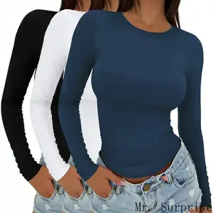 2026 New Women's 3-Piece Long Sleeve Crop Top Set, Basic Crew Neck Underscrubs, Soft Fabric Long Sleeve Tops Women, Casual Streetwear for Sports & Outdoor Activities,summervibes