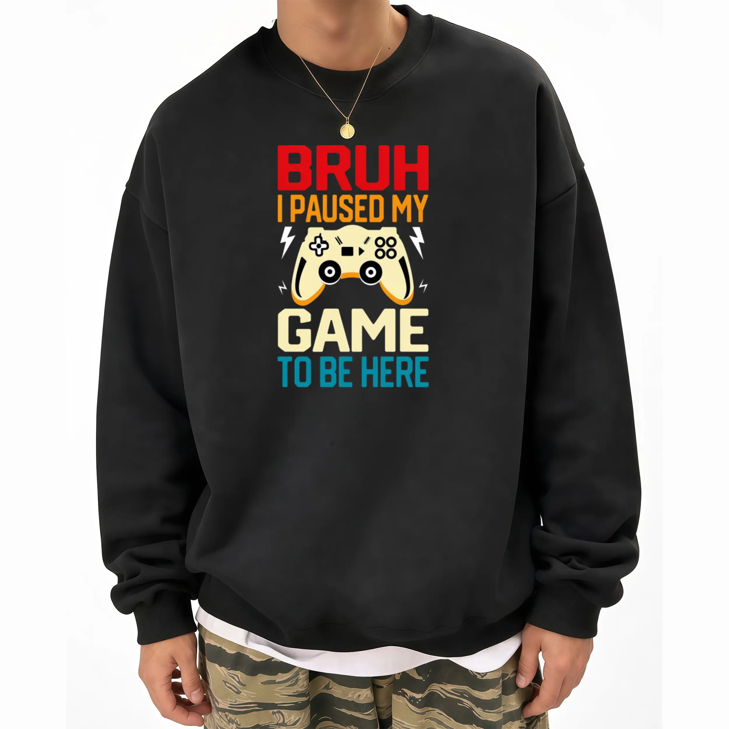 Vintage Retro Gaming Long Sleeve Sweatshirt for Men - Iconic Controller Graphic, Funny Gamer Style, Casual Round Neck, Perfect Birthday Gift, Machine Washable