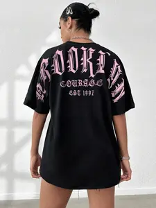 Women's Letter Print Short Sleeve T-Shirt for Men Women, BROOKLYN COURAGE EST 1997 Graphic Tees Women Tops, Oversized Tshirt Crew Neck Summer Short Sleeve Casual Loose Fit Tops