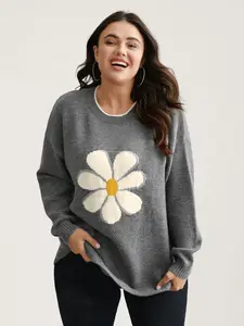 【All-Day Comfort】Bloomchic Floral Textured Crew Neck Pullover - Casual Loose Fit Long Sleeve Sweatshirt Winter Tops Fit Sleeve Hoodie Sweatshirts Tops Casual Graphic Sweater Crewneck Rib Knit