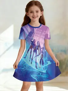 Girls' Fantasy City Battle Dress, Blue Gradient A-Line, Fashion Outdoor Wear, Birthday Gift, Festival Gift