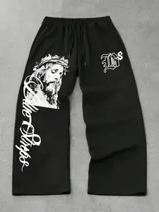 Men's Jesus Print Casual Streetwear Pants, Y2K Gothic Christian Street Style, Fashion Faith Theme Bottoms for Daily and City Wear, Fitted Long Graphic Design