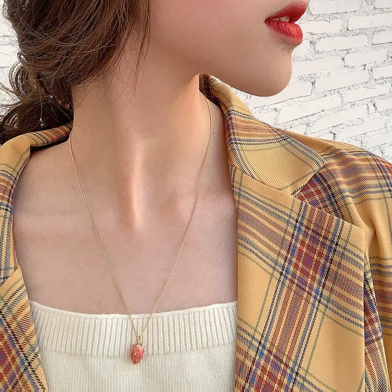 Strawberry Kiss Necklace - Enamel Coated Strawberry Pendant with Gold Tone Cap on Fine Chain - Adjustable Lobster Clasp - Perfect Gift or Personal Wear