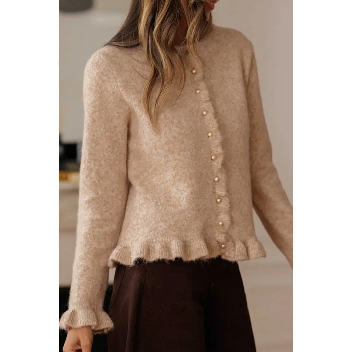 Oatmeal Ruffle Trim Gold Button Sweater Cardigan