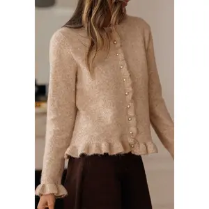 Oatmeal Ruffle Trim Gold Button Sweater Cardigan