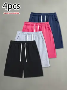 Pack of 4 men’s summer casual shorts featuring a drawstring elastic waistband, skin-friendly and breathable fabric, and a loose fit—versatile for everyday wear, leisure activities, sports, and fitness.summervibes