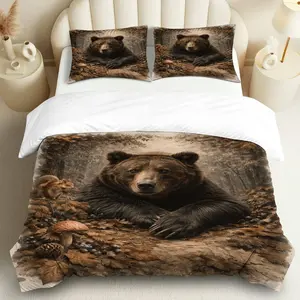 3PCS Duvet Cover Set, 1 Duvet+2 Pillowcases(Without filler), Bear Forest Autumn Warm Cozy theme, Thanksgiving bedding set, Rustic Woodland Animal Suitable for decoration Bedroom Living Room Cabin Lodge, Decorative Duvet Cover, Bed Sets