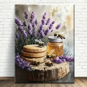 Solid Wood Framed Wall Art Painting - Lavender, Bee and Honey Jar Art Print, Purple Flower Home Decoration for Living Room, Ideal Mother's Day Gift