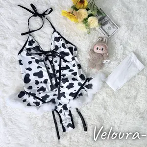 Women's Sexy Cow Print Lingerie for Women Role Play Costume Halter Bow corset Bodysuit Fuzzy Trim Garter Teddy Cosplay Outfit mesh elegant adjustable lingerie set summer underwear bed babydoll