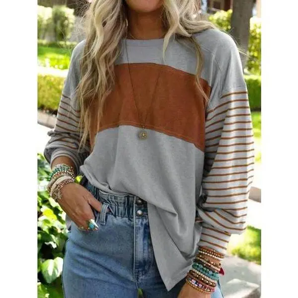 Round Neck Striped Long Sleeve Slit T-Shirt